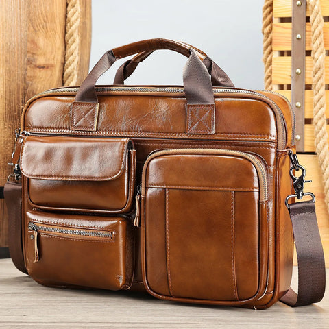 Multi-Pocket Leather Briefcase