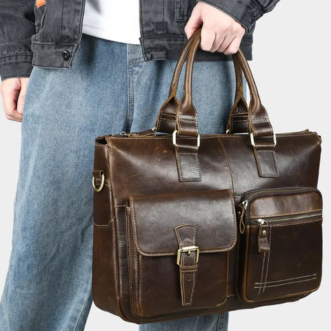 Multi-Pocket Leather Briefcase