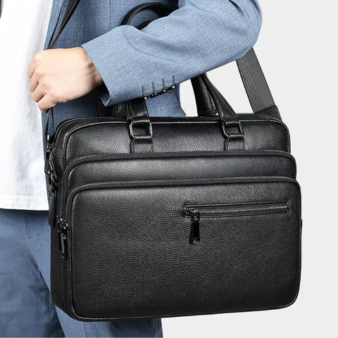 Triple-Compartment Leather Briefcase