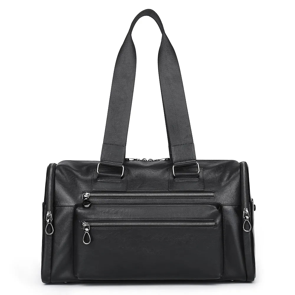 Multi-Zip Leather Duffle Bag with Wide Straps