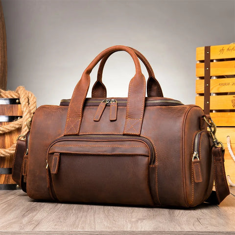 Multi-Compartment Leather Travel Bag - Brown