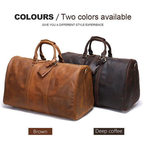 Large Vintage Leather Duffle Bag with Luggage Tag