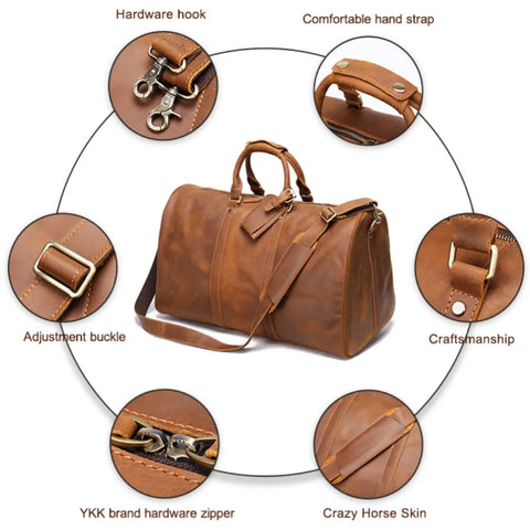 Large Vintage Leather Duffle Bag with Luggage Tag