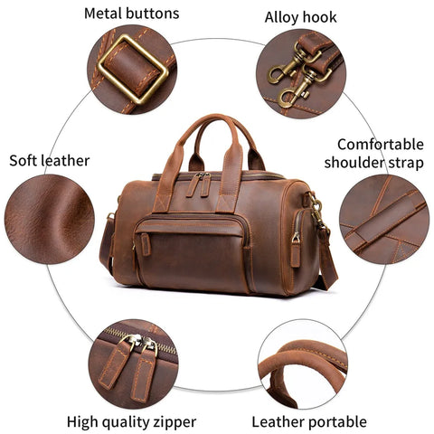 Multi-Compartment Leather Travel Bag - Brown