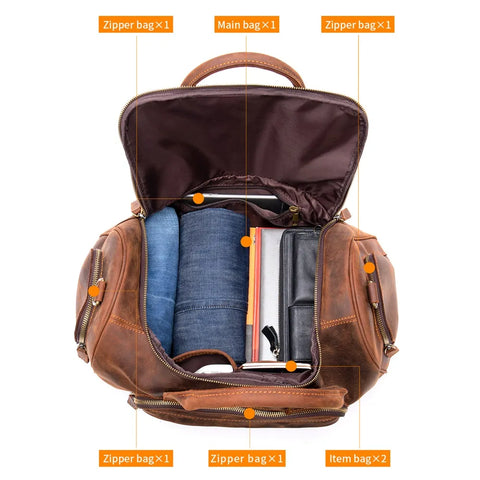 Multi-Compartment Leather Travel Bag - Brown