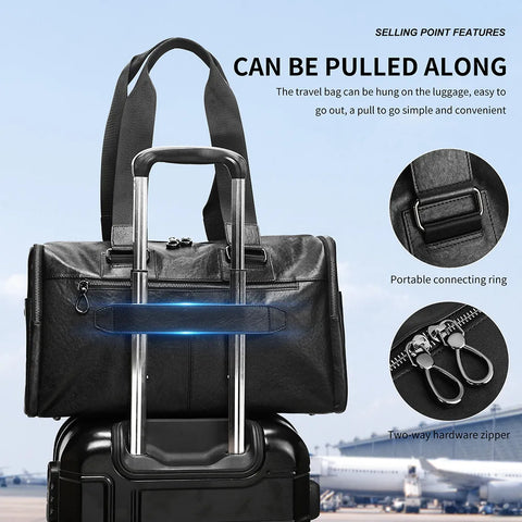 Multi-Zip Leather Duffle Bag with Wide Straps