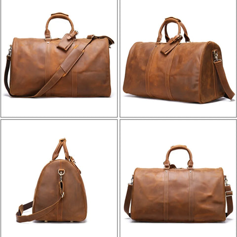 Large Vintage Leather Duffle Bag with Luggage Tag