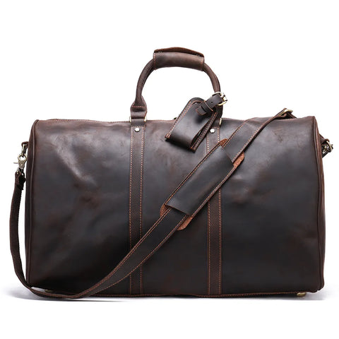 Large Vintage Leather Duffle Bag with Luggage Tag